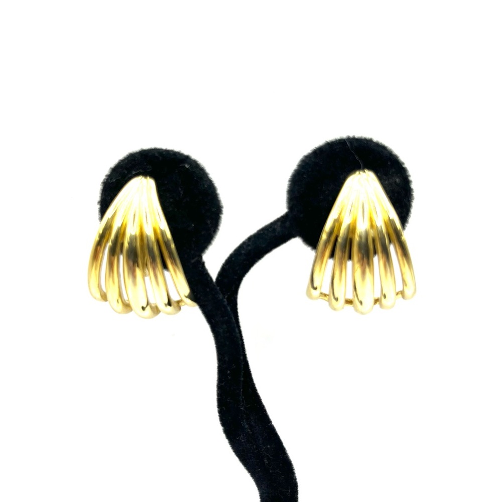 Vintage Crown Trifari Open Fanned Half Hoop Gold Tone Clip Earrings